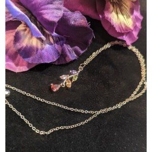 Dainty Flower Pendant Necklace Colorful Gemstones Gold Tone 18"